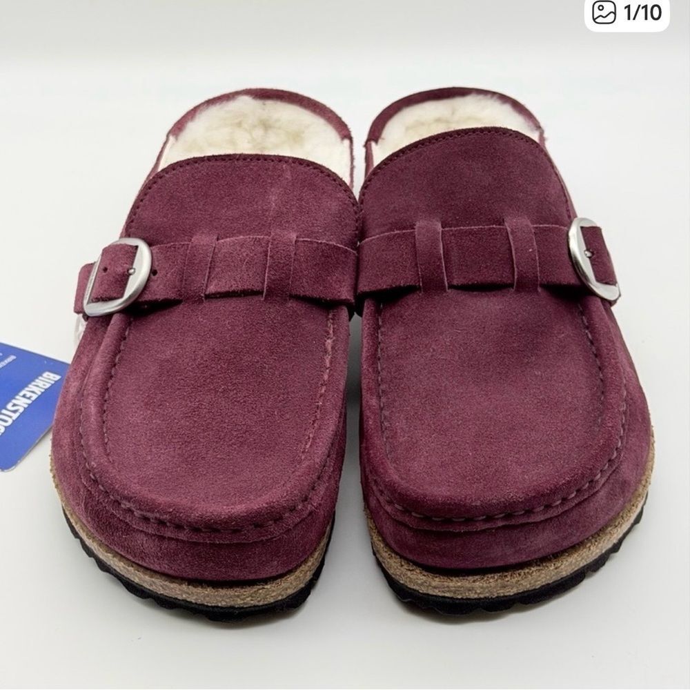 NWT Birkenstock Buckle Shearling Maroon Suede Mules 36/230 Portugal